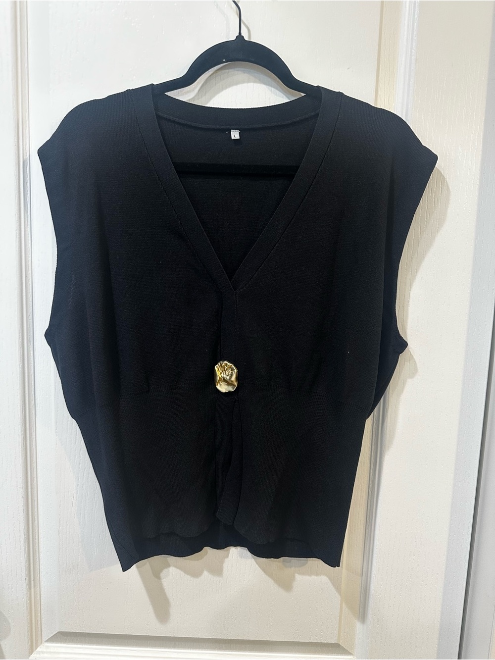 Black V-Neck Sleeveless Knit Top with Gold Accent